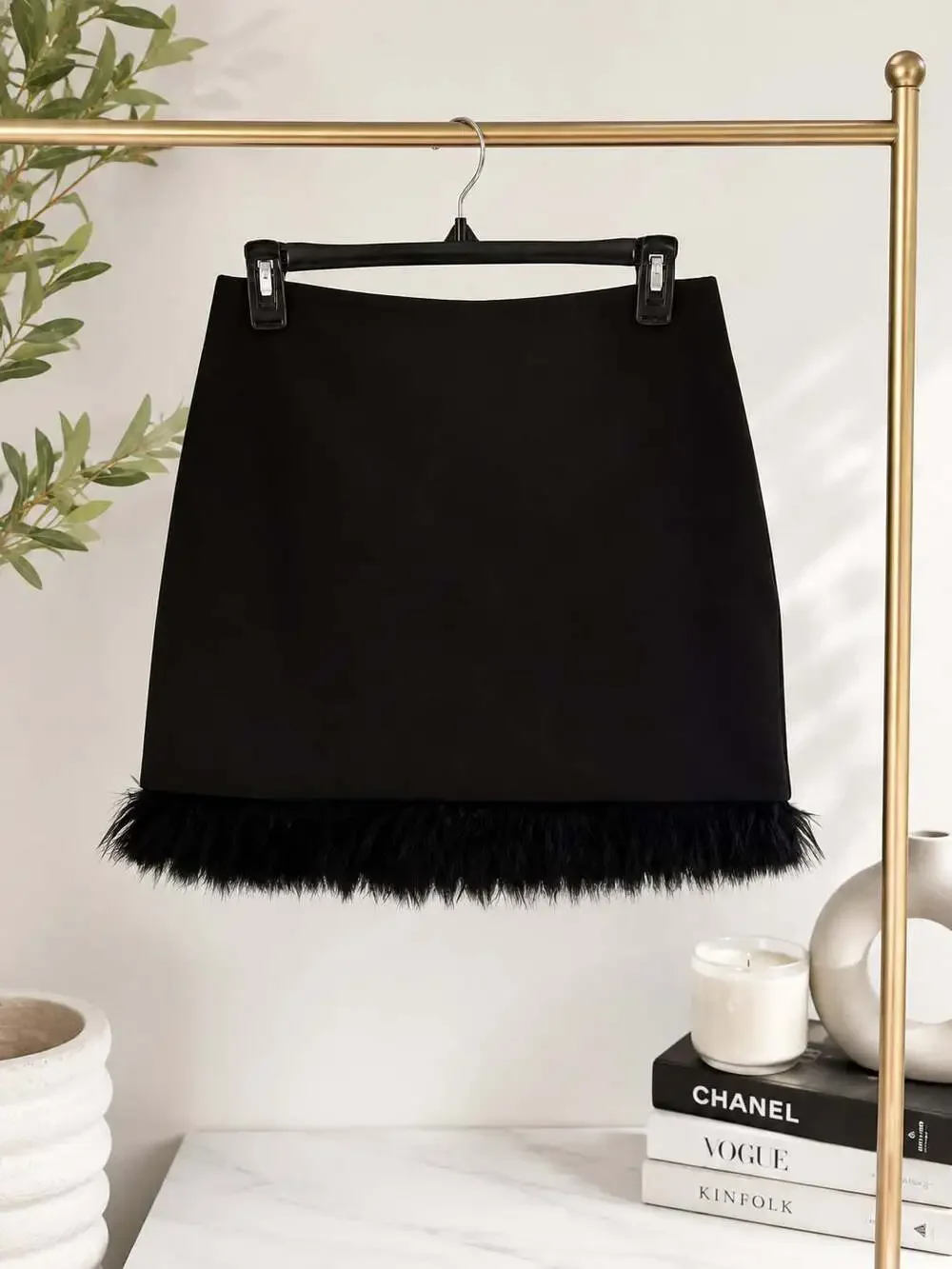 Express Black Tailored Feather Trim Mini Skirt